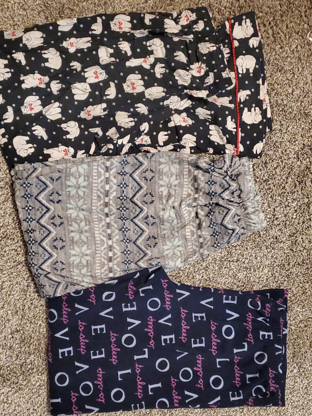 Cozy Printed Pajama Pants Trio - Polar Bear, Fair Isle & LOVE Prints
